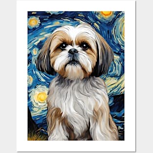 Cute Shih Tzu Dog Breed Painting in a Van Gogh Starry Night Art Style Posters and Art